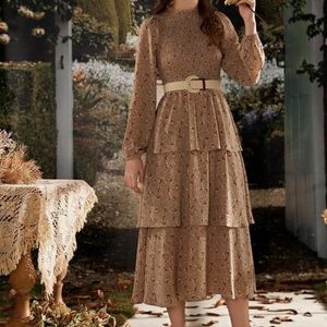 Midi floral tiered layer belt dress